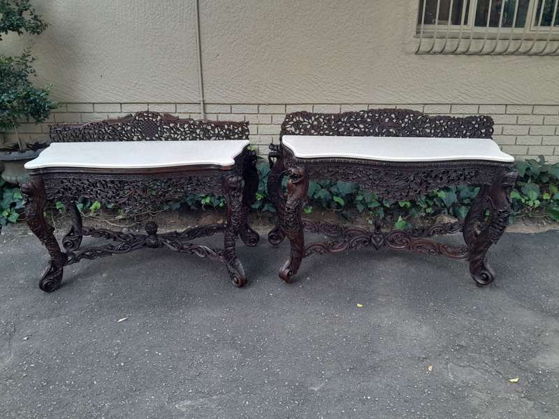 A near pair of Anglo Indian Rosewood Serpentine Console / Server Tables (one 19th Century and one...