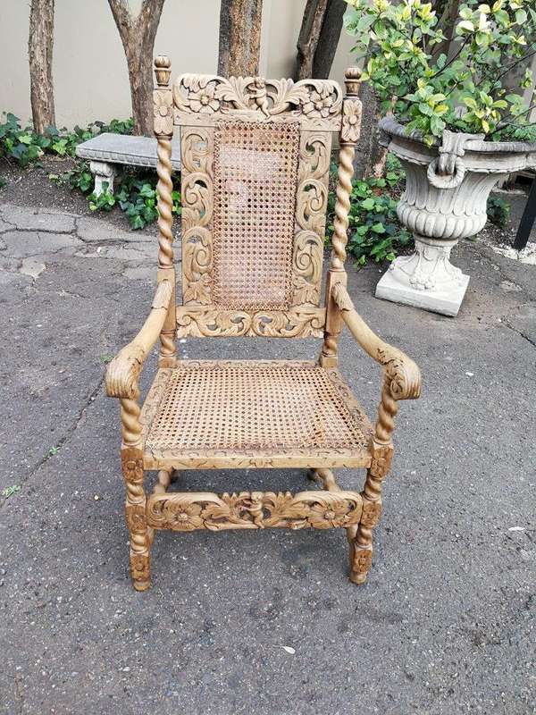 An English Caved and Bleached / Natural Wood Finish Wooden Armchair