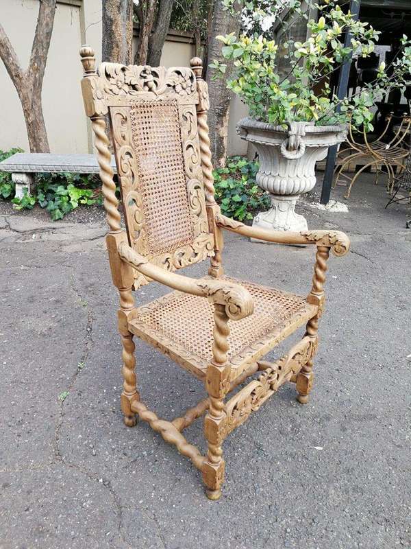 An English Caved and Bleached / Natural Wood Finish Wooden Armchair