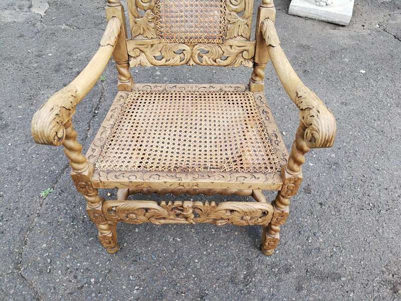 An English Caved and Bleached / Natural Wood Finish Wooden Armchair