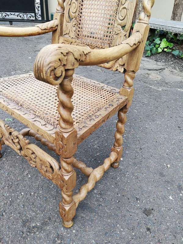 An English Caved and Bleached / Natural Wood Finish Wooden Armchair