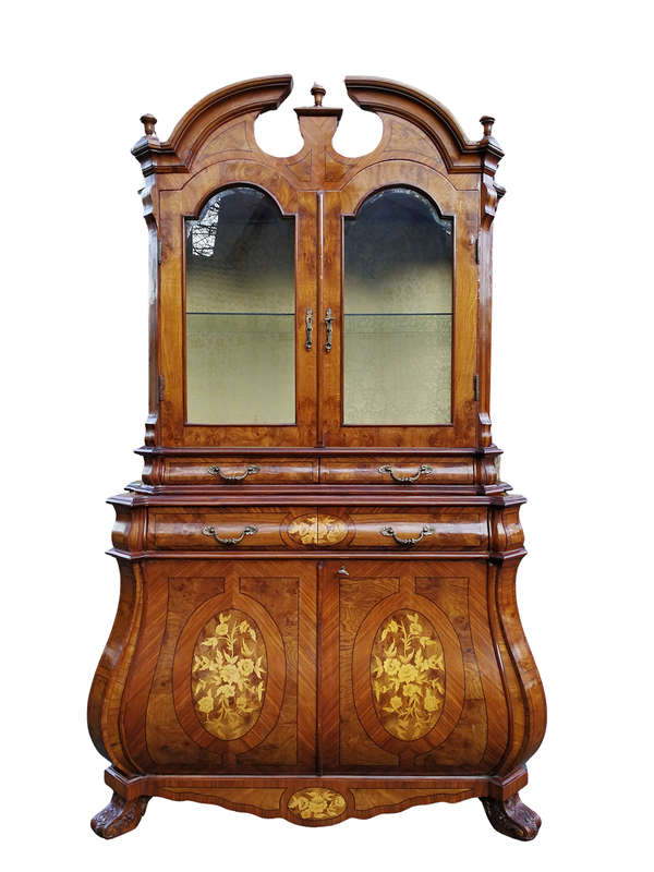 An Inlaid Walnut Bombe Vitrine Cabinet