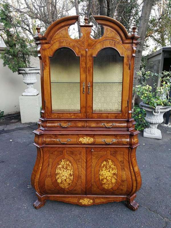 An Inlaid Walnut Bombe Vitrine Cabinet