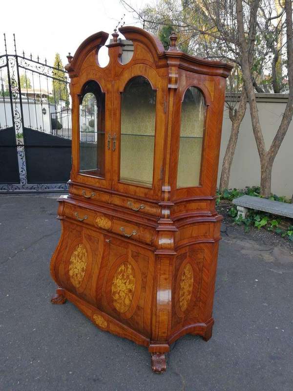 An Inlaid Walnut Bombe Vitrine Cabinet
