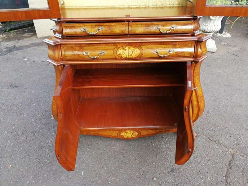 An Inlaid Walnut Bombe Vitrine Cabinet