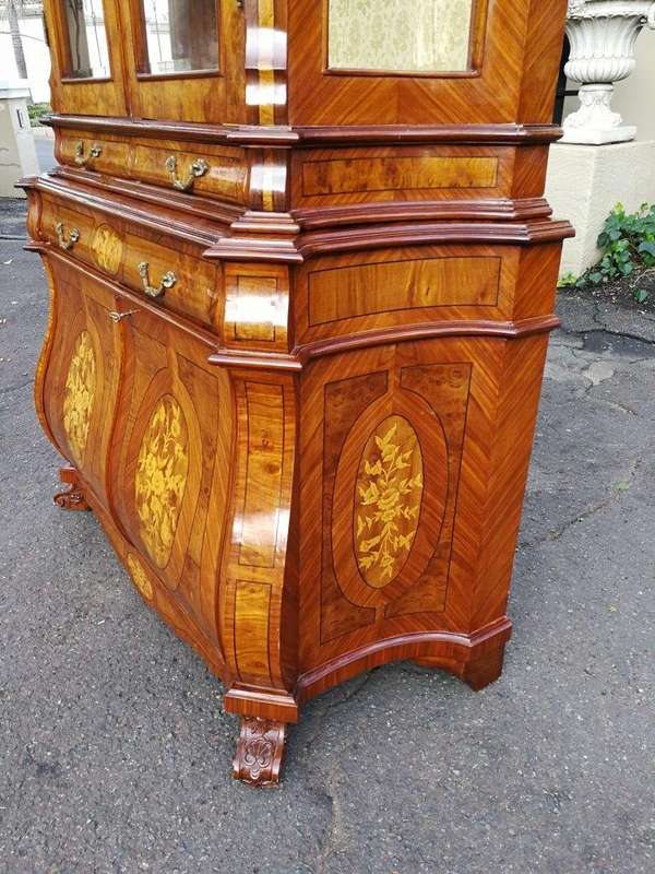 An Inlaid Walnut Bombe Vitrine Cabinet