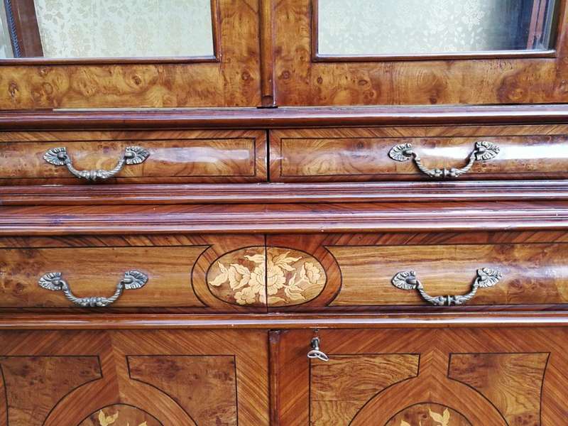 An Inlaid Walnut Bombe Vitrine Cabinet