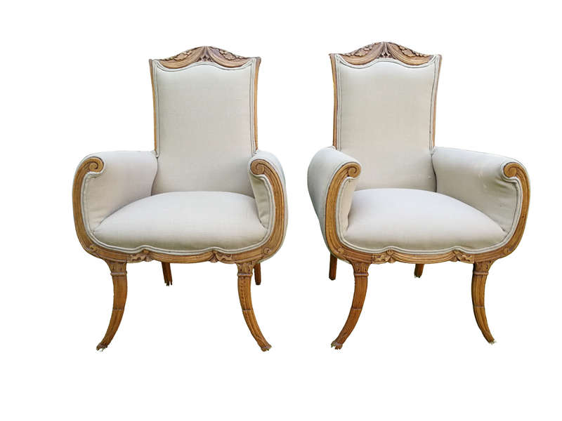 A Pair Of 1920s Bleached / Natural Carved Oak Armchairs upholstered