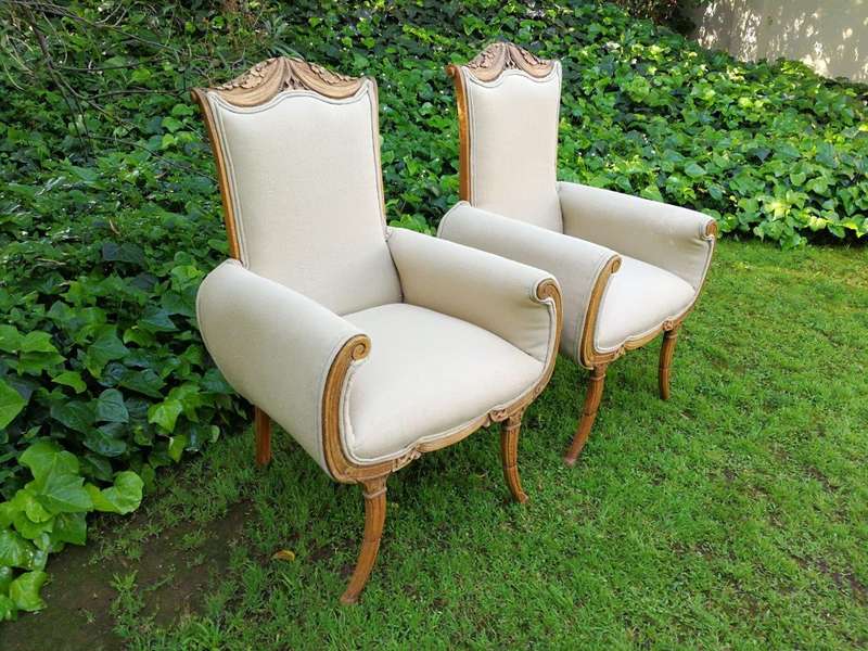 A Pair Of 1920s Bleached / Natural Carved Oak Armchairs upholstered