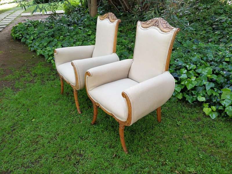 A Pair Of 1920s Bleached / Natural Carved Oak Armchairs upholstered