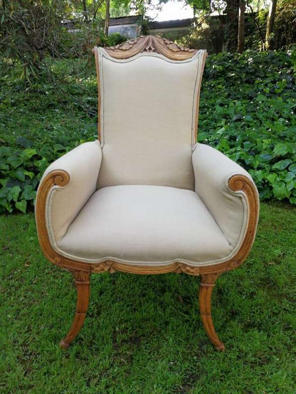 A Pair Of 1920s Bleached / Natural Carved Oak Armchairs upholstered