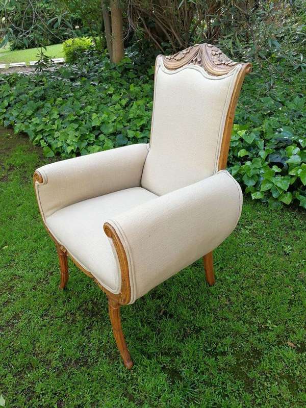 A Pair Of 1920s Bleached / Natural Carved Oak Armchairs upholstered