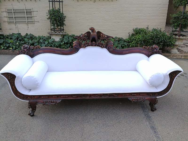 Antique American Empire Carved Mahogany Settee Circa 1880-1900 with Figural Eagle