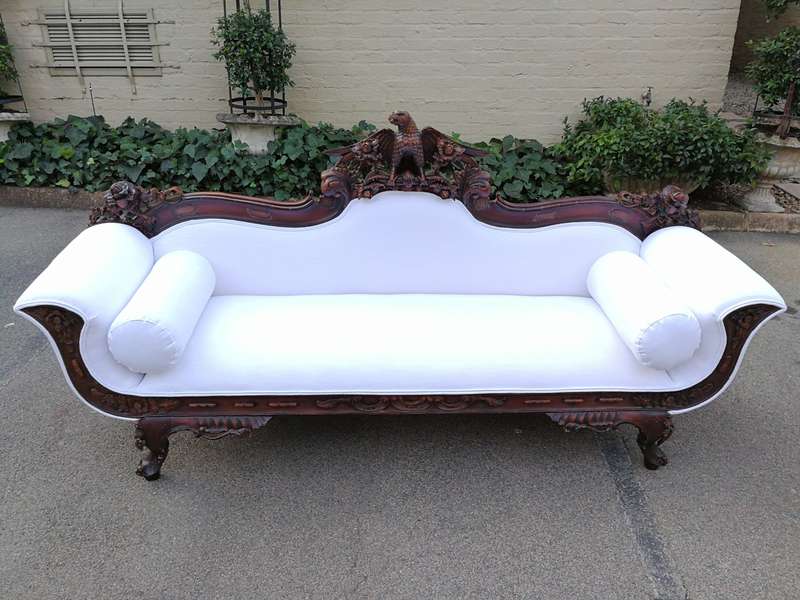 Antique American Empire Carved Mahogany Settee Circa 1880-1900 with Figural Eagle