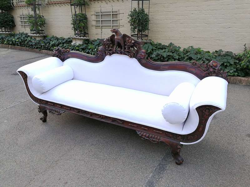 Antique American Empire Carved Mahogany Settee Circa 1880-1900 with Figural Eagle