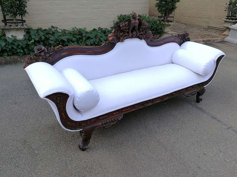 Antique American Empire Carved Mahogany Settee Circa 1880-1900 with Figural Eagle