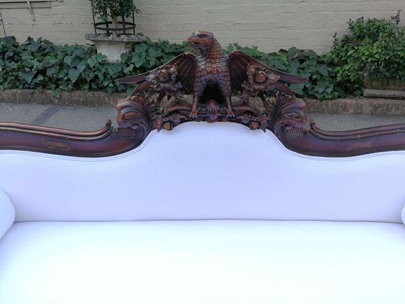 Antique American Empire Carved Mahogany Settee Circa 1880-1900 with Figural Eagle