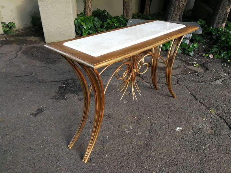 A Metal Entrance Table/Drinks Table With Cream Marble Top