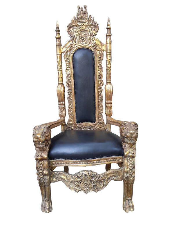 A 20th Century French Style Carved and Gilded King / Throne Armchairs Upholstered in Leather