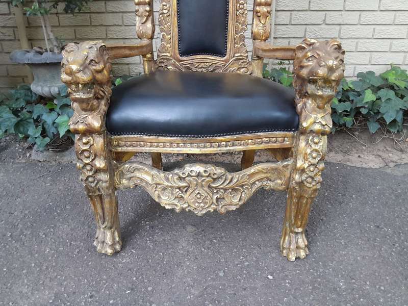 A 20th Century French Style Carved and Gilded King / Throne Armchairs Upholstered in Leather