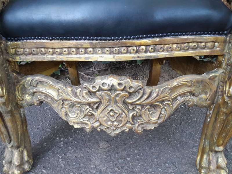 A 20th Century French Style Carved and Gilded King / Throne Armchairs Upholstered in Leather