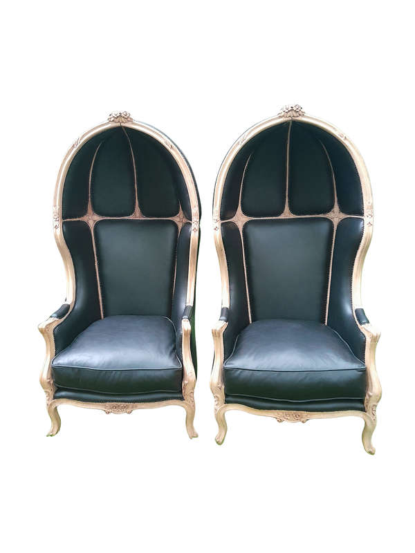 A Pair of Carved Wooden Canopy / Dome Chairs in a Contemporary Bleached Wooden Finish and Upholst...