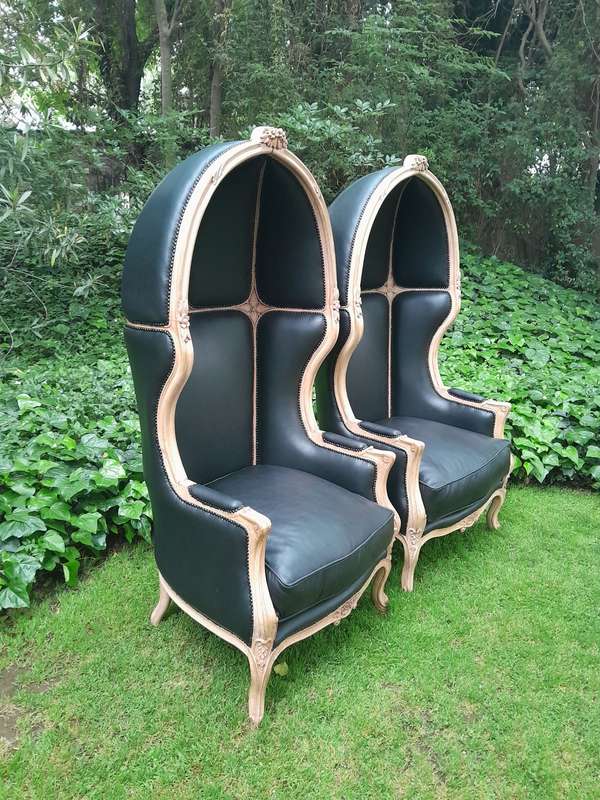 A Pair of Carved Wooden Canopy / Dome Chairs in a Contemporary Bleached Wooden Finish and Upholst...