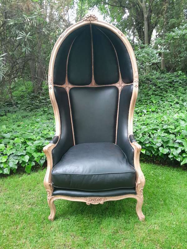 A Pair of Carved Wooden Canopy / Dome Chairs in a Contemporary Bleached Wooden Finish and Upholst...