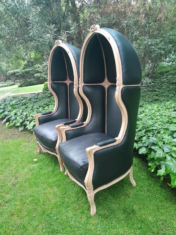 A Pair of Carved Wooden Canopy / Dome Chairs in a Contemporary Bleached Wooden Finish and Upholst...