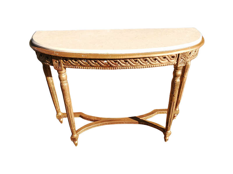 French Style Wooden Half-Moon Console Table Hand Gilded With  Gold Leaf With Marble Top