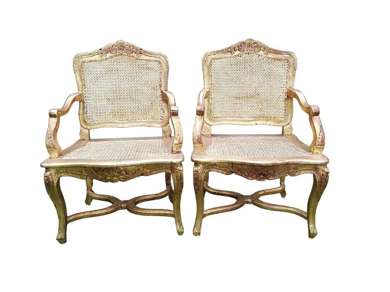 A Pair of 20th Century Hand-Gilded with Gold Leaf Rattan Armchairs