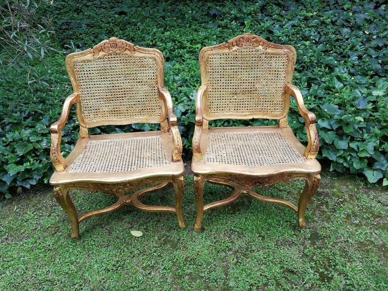 A Pair of 20th Century Hand-Gilded with Gold Leaf Rattan Armchairs