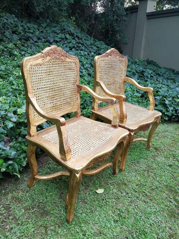 A Pair of 20th Century Hand-Gilded with Gold Leaf Rattan Armchairs