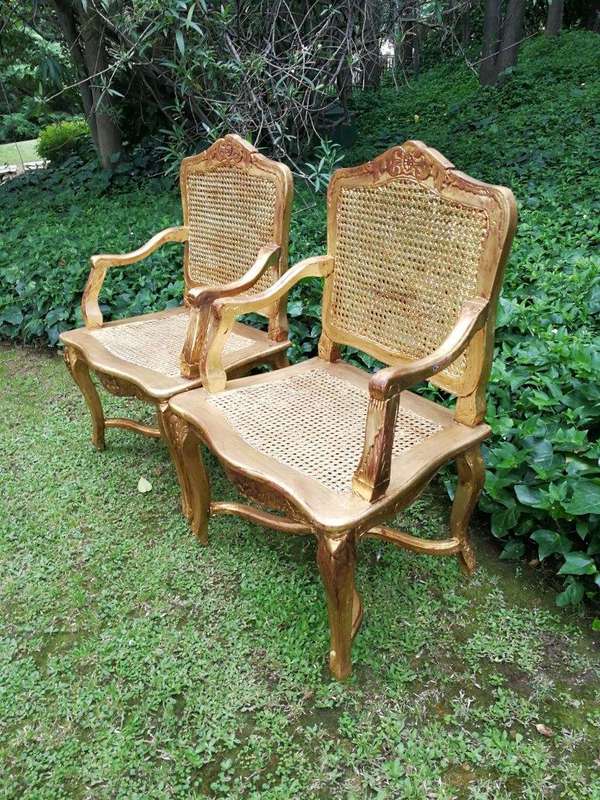 A Pair of 20th Century Hand-Gilded with Gold Leaf Rattan Armchairs