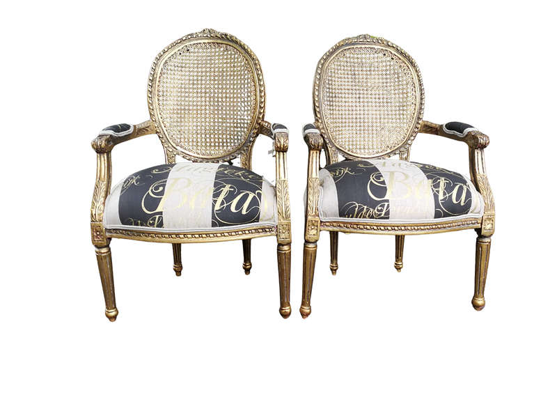 A Pair of Antique French Circa 1900 Hand Gilded with Gold Leaf Rattan Armchairs