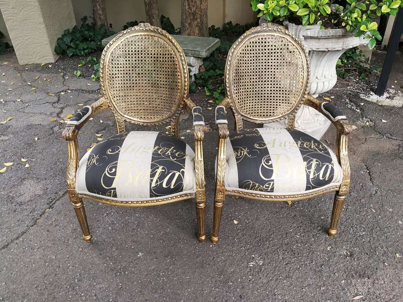 A Pair of Antique French Circa 1900 Hand Gilded with Gold Leaf Rattan Armchairs