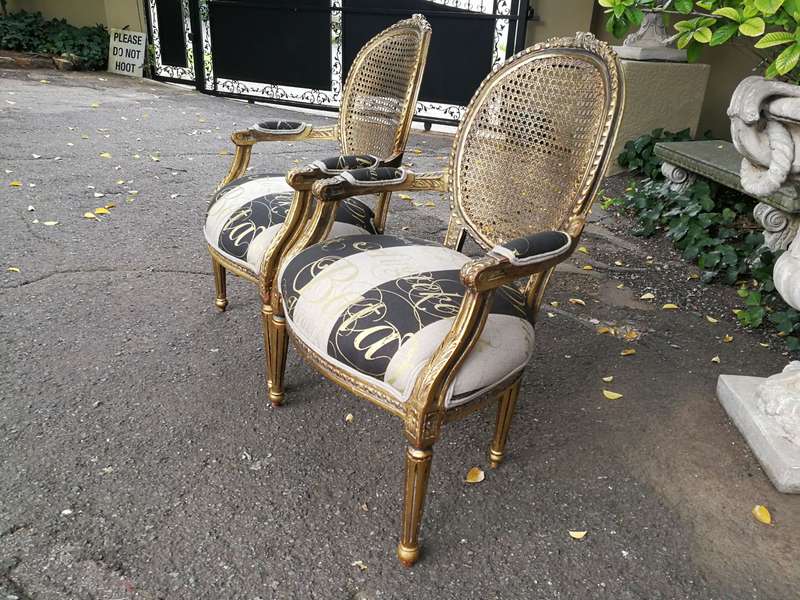 A Pair of Antique French Circa 1900 Hand Gilded with Gold Leaf Rattan Armchairs