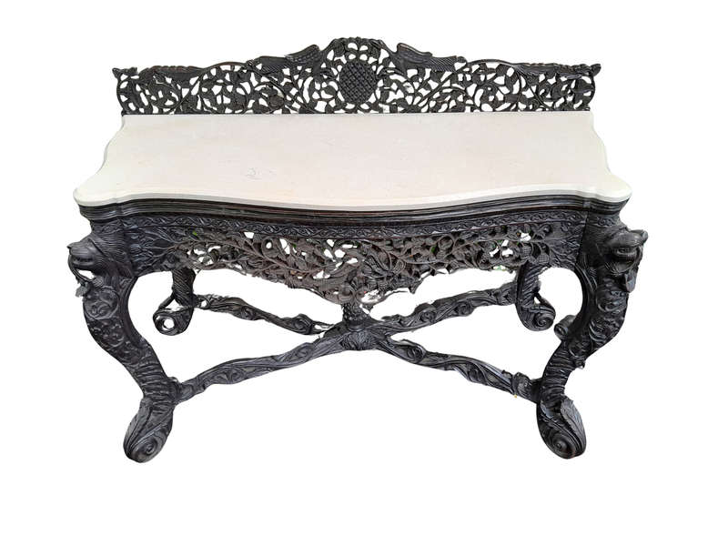 A 19th Century Anglo-Indian Carved Rosewood Serpentine Console Table With Marble Top