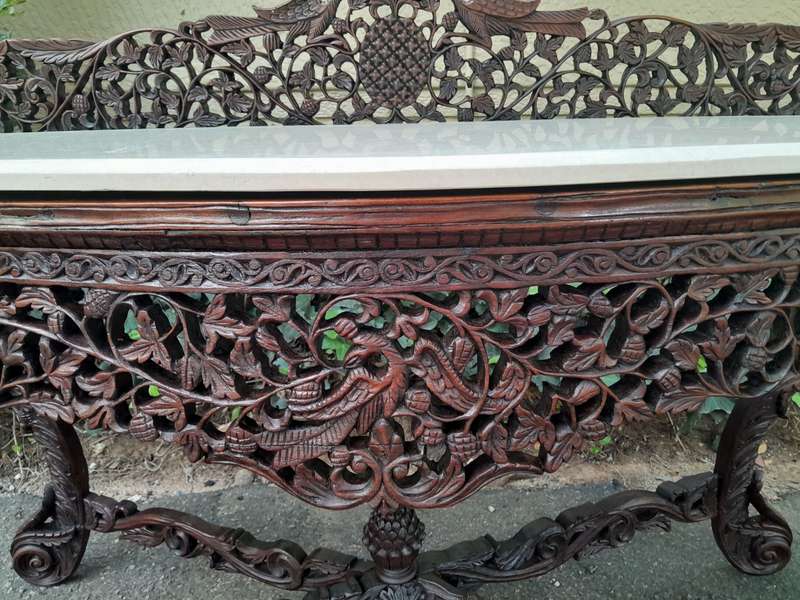A 19th Century Anglo-Indian Carved Rosewood Serpentine Console Table With Marble Top