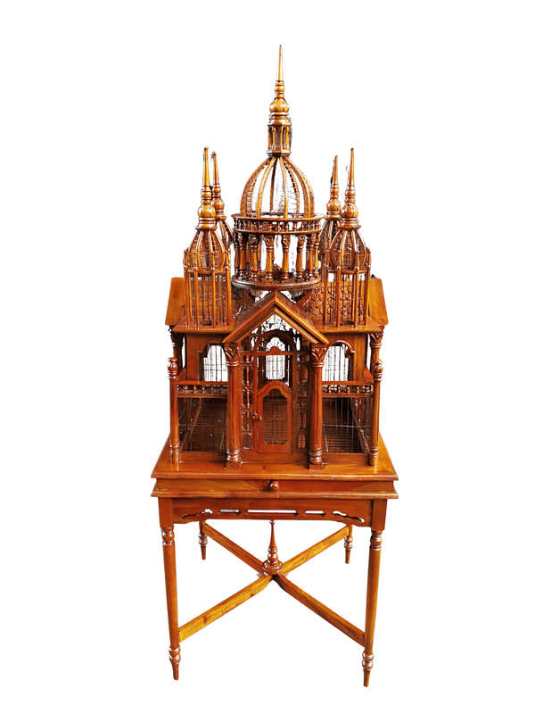 An Italian (Tuscany)  20th Century Carved Mahogany and Walnut Victorian Cathedral Style Birdcage ...