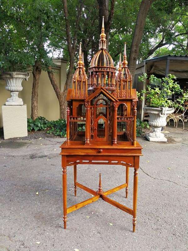 An Italian (Tuscany)  20th Century Carved Mahogany and Walnut Victorian Cathedral Style Birdcage ...