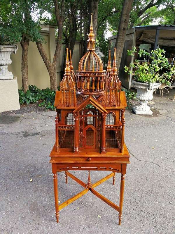 An Italian (Tuscany)  20th Century Carved Mahogany and Walnut Victorian Cathedral Style Birdcage ...