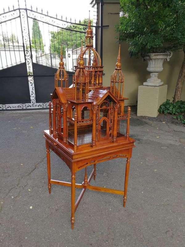 An Italian (Tuscany)  20th Century Carved Mahogany and Walnut Victorian Cathedral Style Birdcage ...