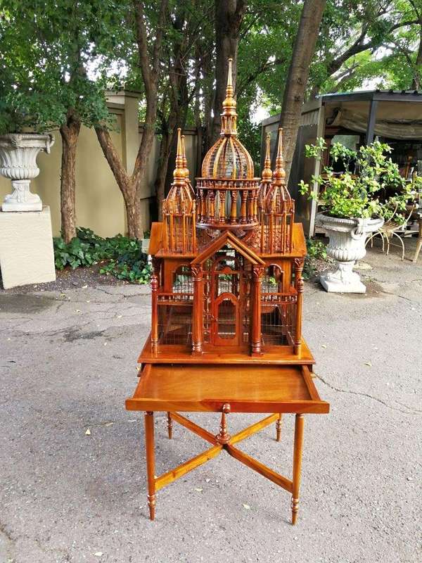 An Italian (Tuscany)  20th Century Carved Mahogany and Walnut Victorian Cathedral Style Birdcage ...