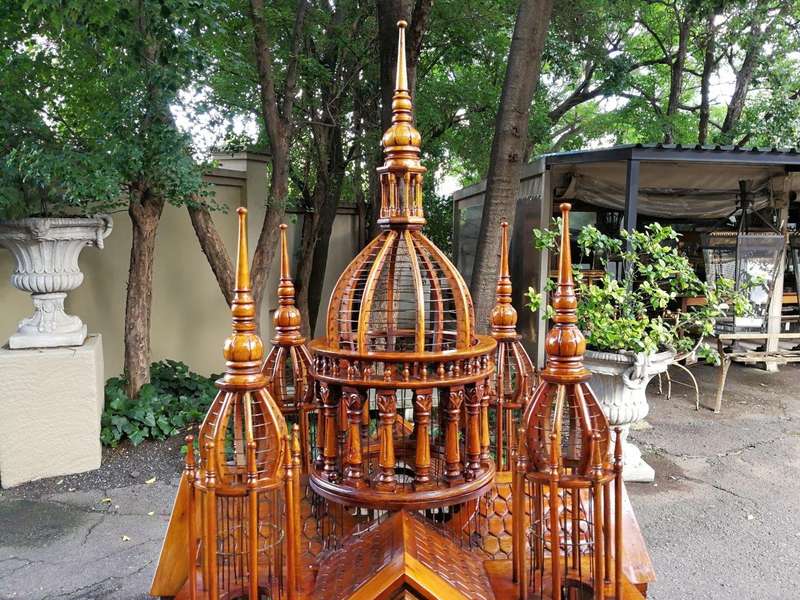 An Italian (Tuscany)  20th Century Carved Mahogany and Walnut Victorian Cathedral Style Birdcage ...