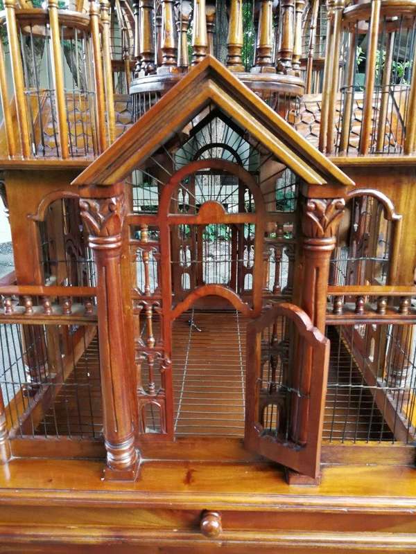 An Italian (Tuscany)  20th Century Carved Mahogany and Walnut Victorian Cathedral Style Birdcage ...