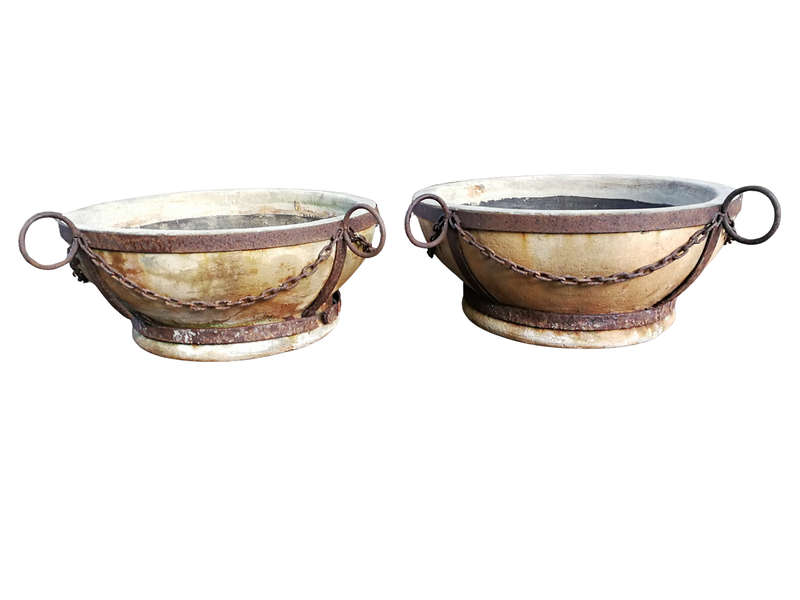 A Vintage Pair Of Terracotta And Wrought Iron Decorative Pots