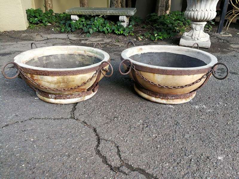 A Vintage Pair Of Terracotta And Wrought Iron Decorative Pots