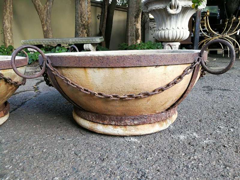 A Vintage Pair Of Terracotta And Wrought Iron Decorative Pots