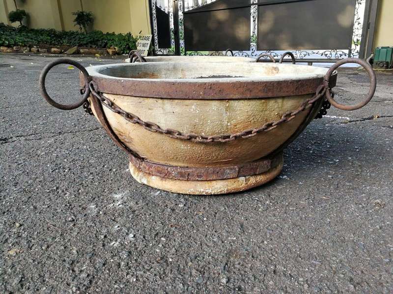 A Vintage Pair Of Terracotta And Wrought Iron Decorative Pots